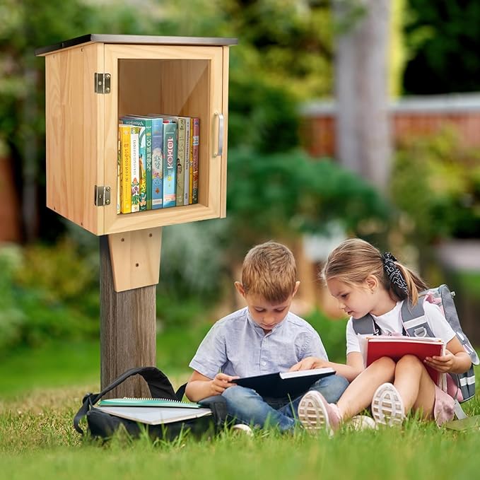 Outdoor Library Book Box, Little Library for Sharing books, DIY Storage Wooden Cabinet Easy Mount for Neighborhoods and Schools