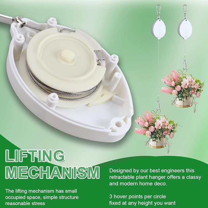 Heavy Duty Retractable Plant Hangers, Adjustable Pull-Down Pulleys with 63" Stainless Steel Rope, Double Hooks for Hanging Plants, Bird Feeders, Planters & Pots, Indoor & Outdoor Use (3Pcs- White)