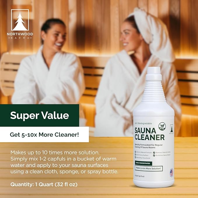 Northwood Sauna - Sauna Cleaner - Natural Wood Cleaner & Deodorizer - Makes 10x More Solution - 1 Quart (32 Fl Oz)