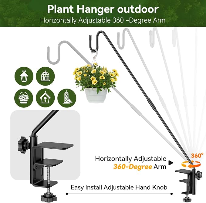 28" Adjustable Deck Railing Hook, Heavy Duty Rotating Plant Hanger | Clamp-mount for Bird Feeders, Planters, Lanterns & Wind Chimes | Fits up to 2.75" | 12 lbs Capacity | 360° Rotation