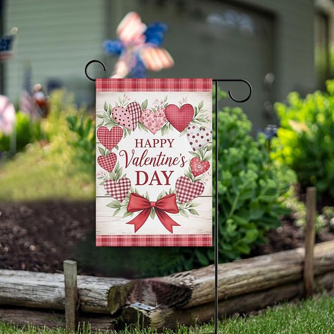 Pfrewn Valentine House Flag 28 x 40 Double Sided, Heart Wreath Wooden Garden Yard Flags Welcome Spring Outdoor Indoor Banner for Wedding Party Home Decorations