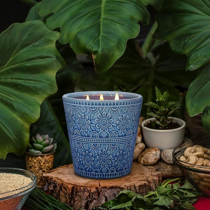 3-Wick Citronella Candle Outdoor Indoor, 20 Ounce Lemongrass Soy Wax Candle in Blue Ceramic Jar for Home Garden Patio Yard Balcony and Summer Gift