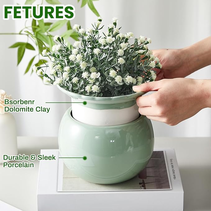 Suclain 2 Pcs African Violet Pots, 6.5 Inch Self Watering Pots for Indoor Flowers and Plants Ceramic Easy Self Watering Plant Pot with Highly Absorbent Inner Planter Pot for Tropical Plants(Green)