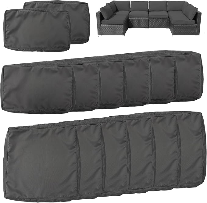 14Pcs Outdoor Cushion Covers Replacement Washable Waterproof UV w/Zipper for 6-Seaters Sofa Patio Slipcovers Set Seat and Back Covers Only (Charcoal Gray, 23.6x23.6inch)