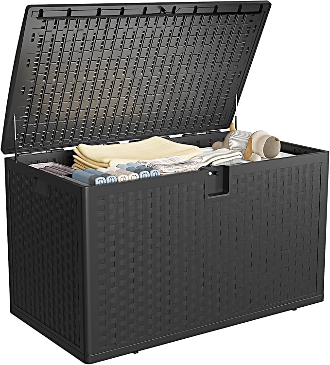 120 Gallon Waterproof Outdoor Storage Box - Lockable Deck Box for Patio Furniture, Cushions, and Garden Tools, All-Weather Resin with Black Rattan Finish, Grey