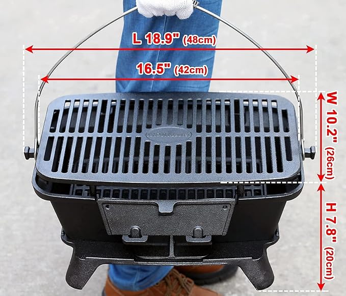 IRONMAX Large Hibachi Grill Outdoor, Portable Charcoal Grill and Tabletop Cast Iron Skillet, 100% Cast Iron, Durable, Camping Grill Grate 16.5" x 10.2" - Coal Door, Draft door