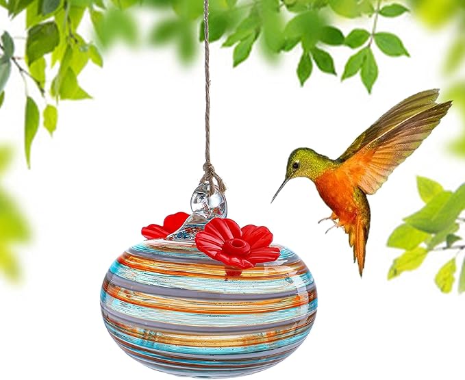Small Glass Hummingbird Feeders for Outdoors 3in Hanging Blown Glass Ball Humming Birds Feeder with 2 Feeding Ports for Outside Garden Patio Decor for Window
