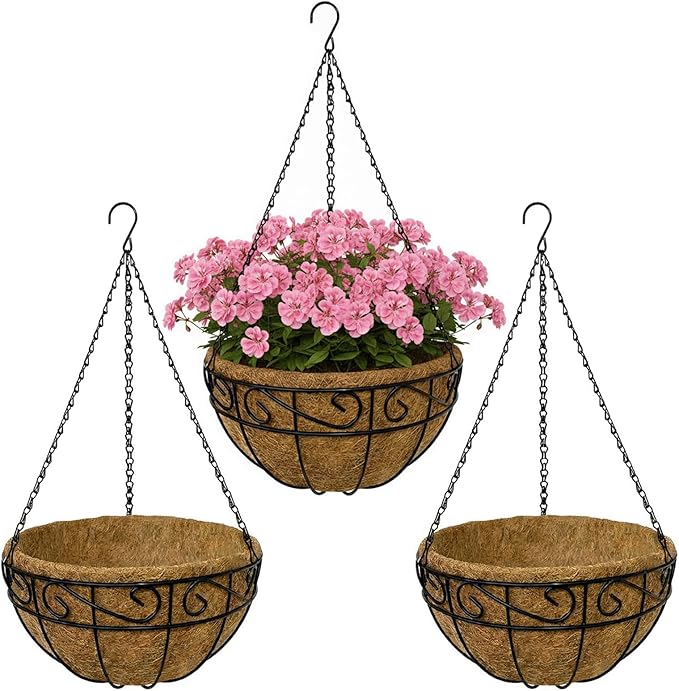 14 Inch Hanging Baskets for Plants Outdoor, 3 Pack Metal Wire Hanging Planters with Coco Coir Liners, Rust-Resistant Flower Basket with Chains & Hooks for Garden Patio Porch Deck Balcony