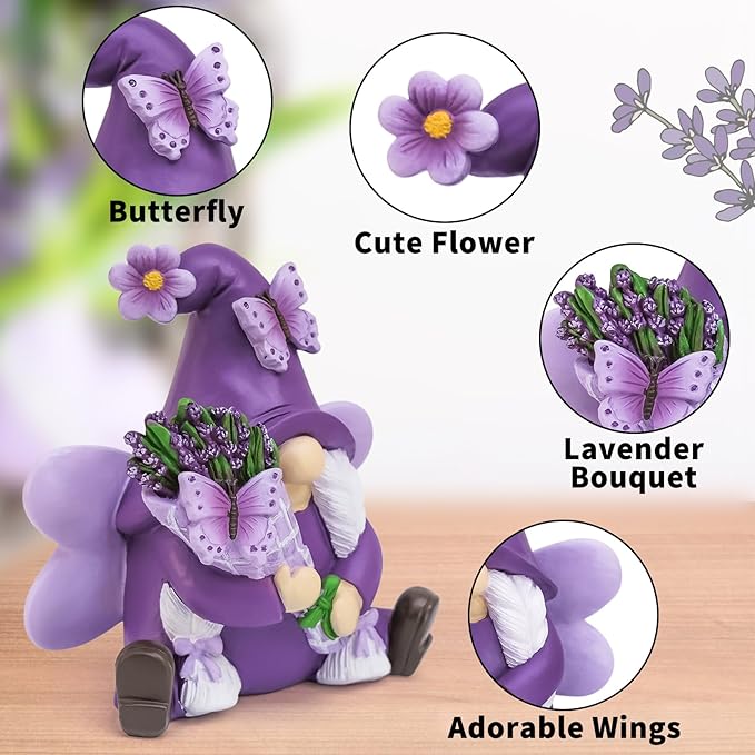 Lavender Gnome Spring Decor, Fairy Garden Gnome with Butterfly & Lavender Bouquet, Resin Gnome Figurine for Home Office Tabletop Tiered Tray Decor, Gnome Gifts for Women Retirement Birthday