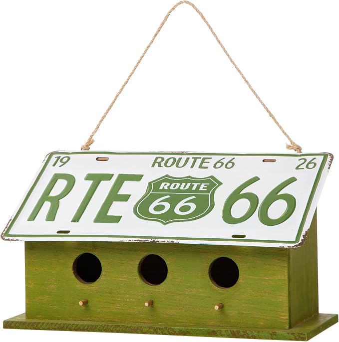Glitzhome 14”L Wood Hanging Birdhouse for Outdoors, Licence Plate Route 66 Welcome Painted Bird House, Rustic Bird House for Bluebird Wren Sparrow, Bird Nest Box for Garden Patio, Washed Green