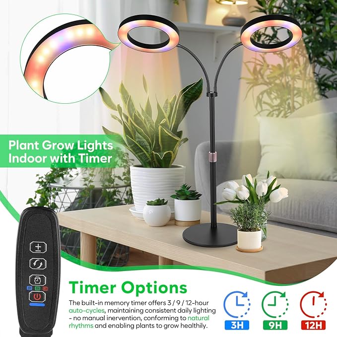 Dual-Head Grow Lights for Indoor Plants, LED Full Spectrum Plant Lamp with Timer 3/9/12H, 10 Dimmable Levels, Flexible Gooseneck, Height Adjustable 14"-23" for House Plants & Seedlings