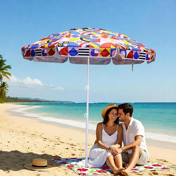 LOTTAFUN 6ft Beach Umbrella - Heavy Duty Wind Resistant UV 50+ Portable Sun Shade with Sand Anchor & Carry Bag, Outdoor Folding Umbrella for Beach, Pool, Patio, Garden (Blue strip)
