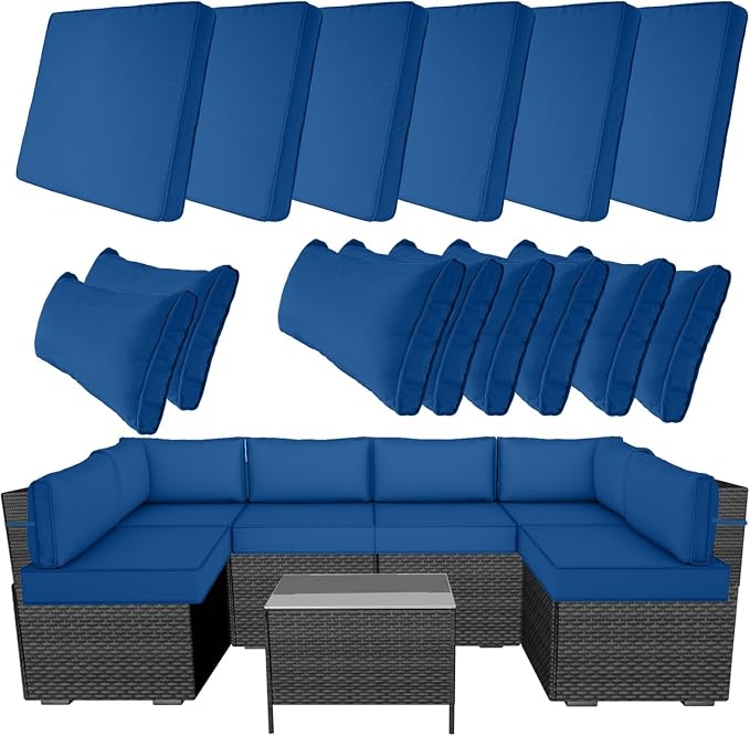 14 Piece Outdoor Furniture Replacement Cushions, Cover+Filling, 25.6" x 25.6" x 4" Foam Waterproof Outdoor Sofa Cushion Sets, Fit Wicker Rattan Sectional Conversation Set,Sky Blue