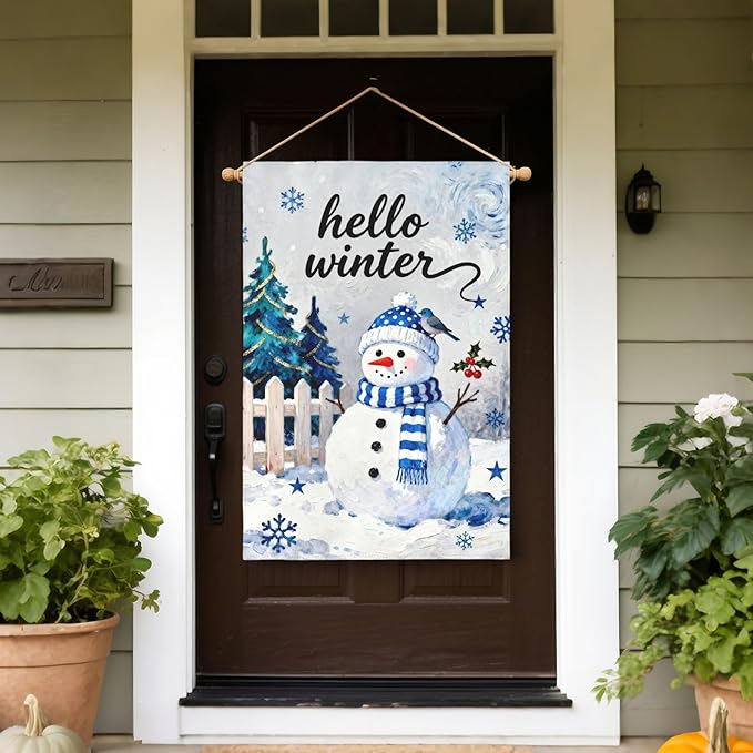 Hello Winter Snowman House Flag 28x40 Inch Snowflake January Decorative Garden Flags for Outside Double Sided Christmas Holiday Seasonal Outdoor Home Farmhouse Decoration Yard Porch New Year Decor