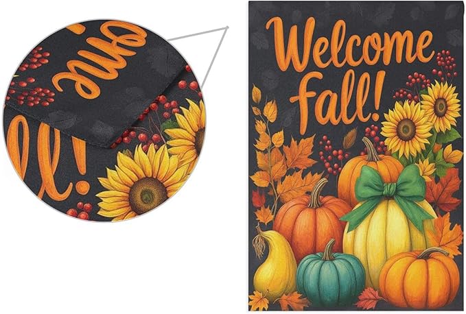 Welcome Fall Black House Flag 28x40 Inch Double Sided Outside Sunflower Pumpkin Autumn Seasonal Yard Outdoor Flag Banner for Garden Lawn Patio Holiday Decorations
