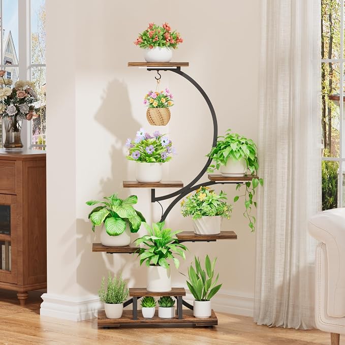 Yzosvki Plant Stand Indoor with Grow Lights, 7 Tiered Large Plant Shelf Flower Stand, Tall Plant Shelves, Rustic Brown and Black