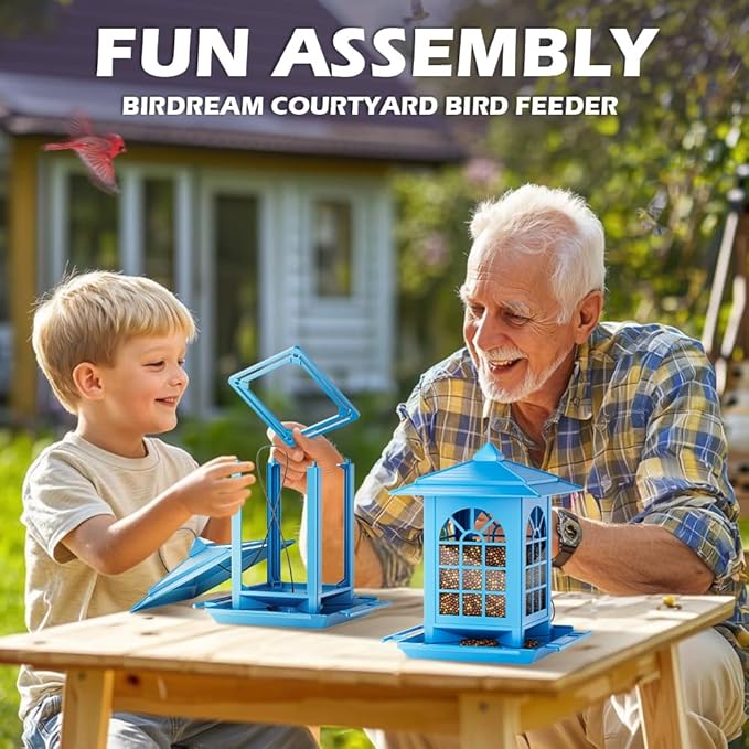 Birdream Bird Feeders for Outdoor Hanging, Assembly Required, 1-Min Easy Setup, Classic Courtyard Design, Attracting Cardinals Chickadees Goldfinches & Sparrows - Blue