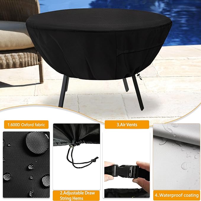 Round Patio Table Cover,Suitable for 48 Inch Diameter Patio Round Table,Waterproof Heavy Duty Round Outdoor Coffee Table Cover,Black
