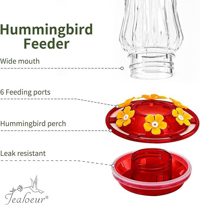 Jealoeur 2 Pack Hummingbird Feeder for Outdoors Hanging, 18 OZ Humming Birds Feeders with 6 Bee Guard Feeding Ports & Built-in Ant Moat, Easy to Clean, Durable Outdoor Garden Decor(Clear AA)
