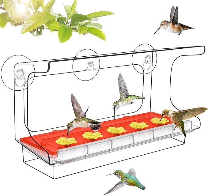 LUJII All One Piece Window Hummingbird Feeder with 5 Strongest Suction Cups, 20 fl.oz Hummer Feeder for Outside, Removable Lift-up Nectar Tray with 5 Feeding Ports, Gift for Bird Lover (Clear)