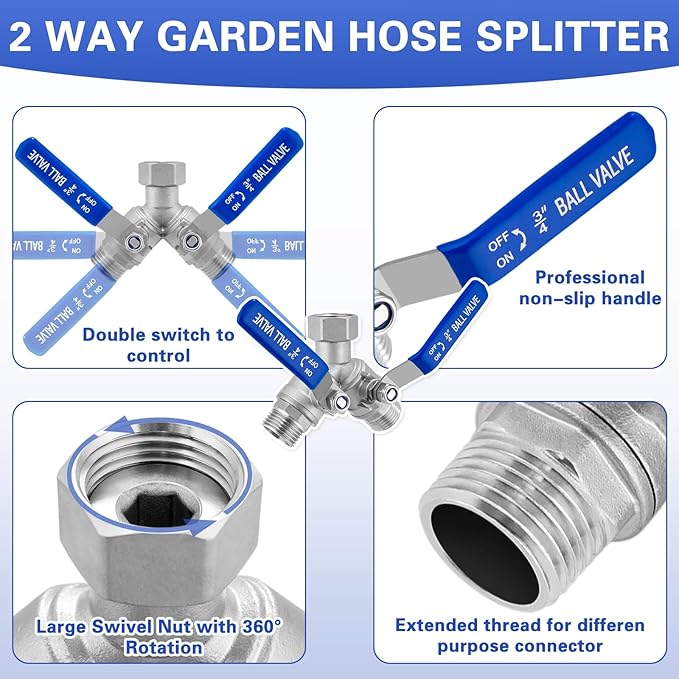 Garden Hose Splitter, 304 Stainless Steel 2 Way Heavy Duty Water Hose Splitter with Long Handle, Water Hose Y Spigot Splitter with Shutoff Valves, 3/4" GHT Thread Outdoor Faucet Splitter