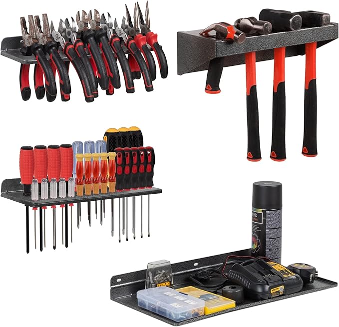 AHOWPD Screwdriver Organizer, Metal Plier Organizer Hammer Rack Screwdriver Holder Hand Tool Organizer and Storage Rack Wall Mount for Garage Workshop Workbench - 4 Pack