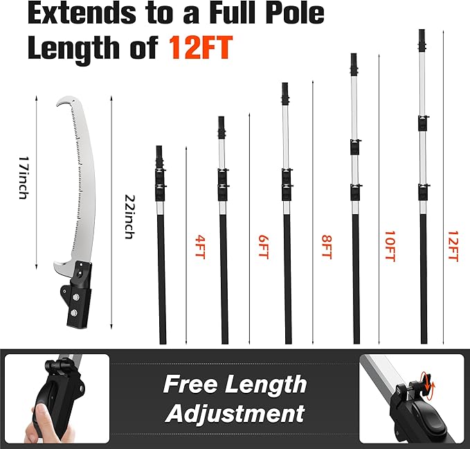 20FT Pole Saw for Tree Trimming, Extendable Tree Pruner with Double Hook Saw and 4-12FT Telescopic Pole, Manual Pole Saw for High Branches, Pruning Branch Cutter for Yard, Garden, Patios