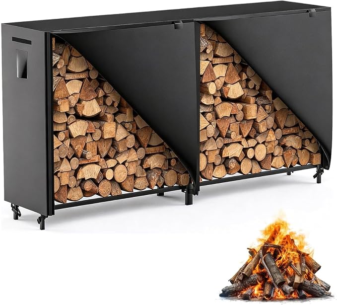 8ft Firewood Rack Outdoor with Cover, Heavy Duty Square Metal Wood Storage Log Holder Stacker, Indoor/Outdoor Use