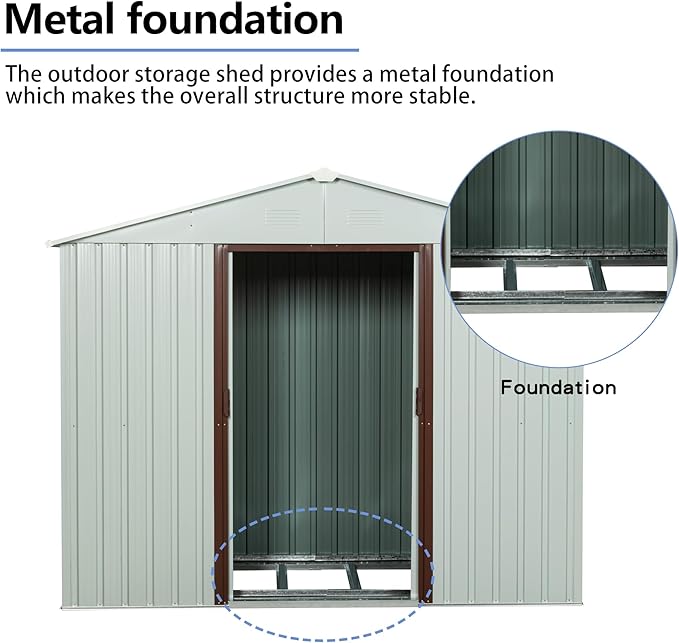 6FT x 5FT Outdoor Storage Shed, Heavy Duty Galvanized Steel Garden Shed with Sliding Lockable Doors, Punched Vents & Foundation Kit, Weather Resistant Metal Tool Shed for Backyard, White