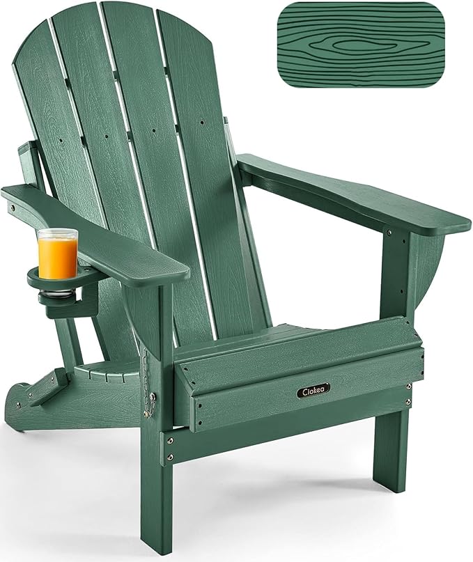 Ciokea Folding Adirondack Chair Wood Texture, Patio Adirondack Chair Weather Resistant, Plastic Fire Pit Chair with Cup Holder, Lawn Chair for Outdoor Porch Garden Backyard Deck (Green)