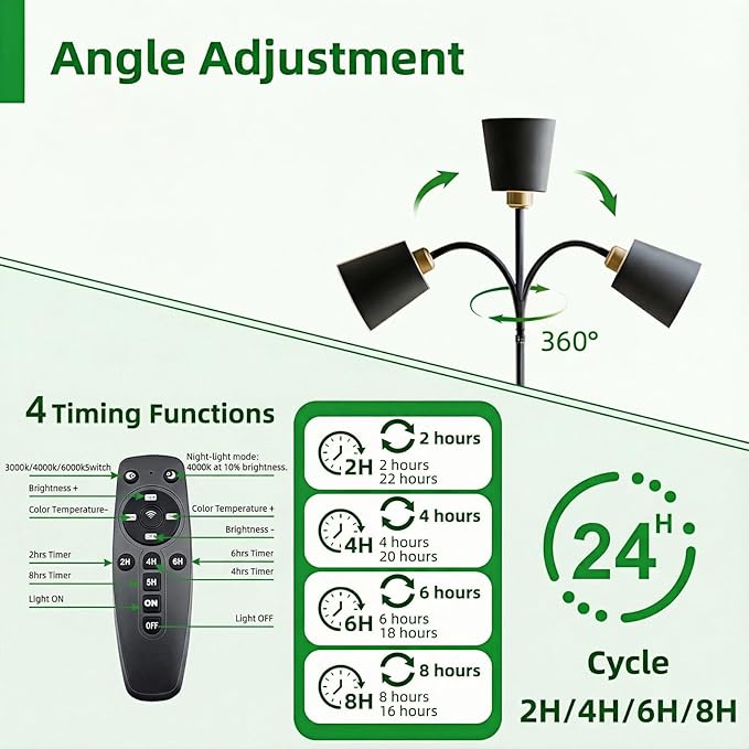 Floor Lamp Grow Lights for Indoor Plants, Adjustable Height Tall Standing Plant Light with Remote & Timer, 360° Gooseneck, Full Spectrum Dimmable, Weighted Base