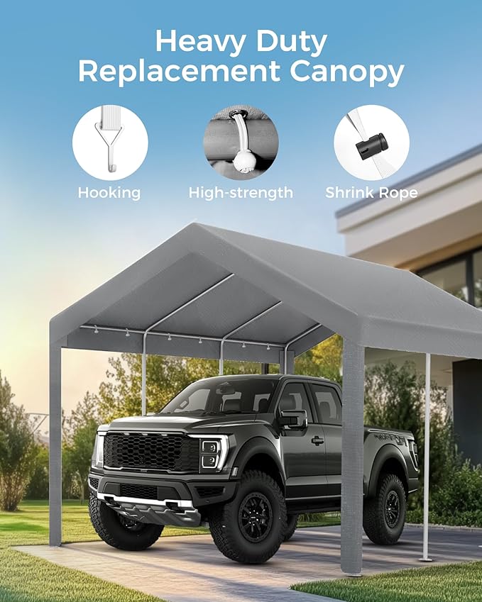 Heavy Duty 12x20FT Carport Replacement Canopy Cover, Waterproof UV Protected Tarp Replacement Top for Carport Frame with Ball Bungees, Car Garage Shelter (Gray, Top Cover Only)