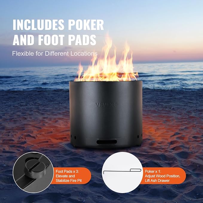 VEVOR Smokeless Fire Pit Stove Bonfire, H: 15.4 in x Dia: 19.3 in,Wood Burning Fireplaces with Removable Ash Pan, SUS430 Stainless Steel Inner Portable Outdoor Firepit, for Outdoor Patio Camping
