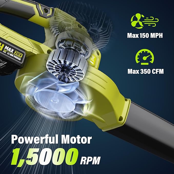 SEYVUM Leaf Blower, 20V Cordless Blower with 2 x 2.0Ah Battery, Electric Leaf Blowers for Lawn Care, 350 CFM 150 MPH Battery Powered Leaf Blower, for Patio, Garden Cleaning, Fast Charger, Lemon Green