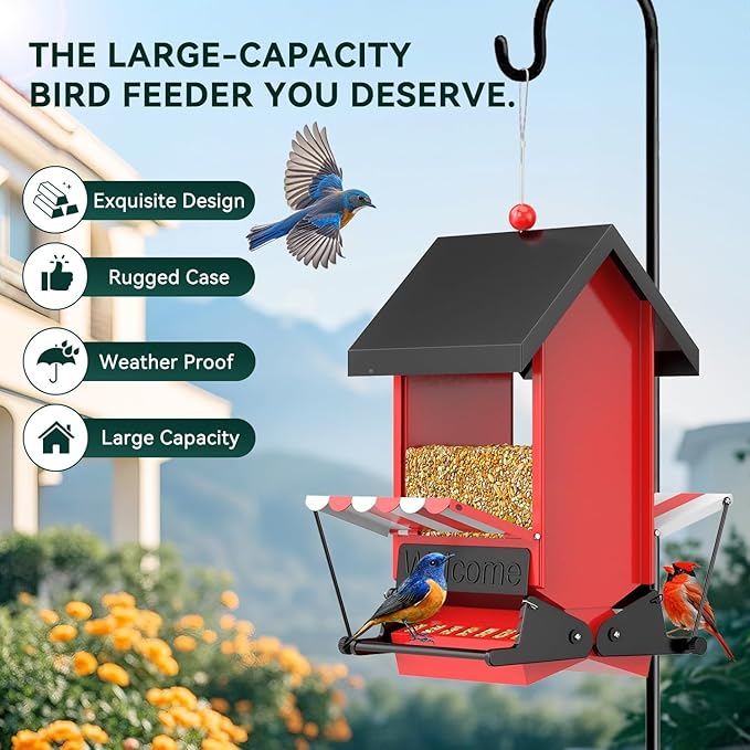 Squirrel Proof Bird Feeders,ScinDa Bird Feeders for Outdoors Hanging with Bilateral Weight-Activated Perches for Attracting Finch, Cardinal,Bluebird(Red)
