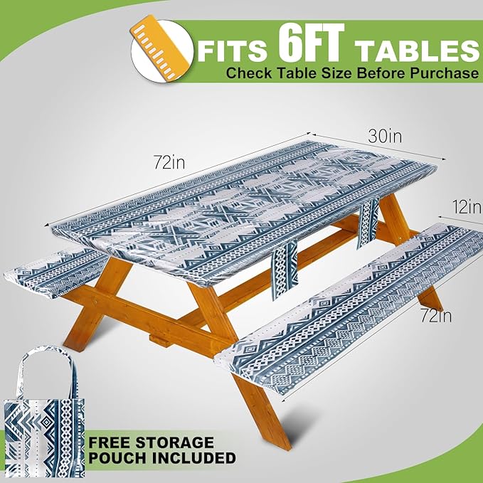 Fitted Picnic Table Cover with Bench Covers Waterproof Elastic Edges Rectangle Patio Tablecloth Outdoor Camping Essentials Stuff Rv Accessories Summer Trip Travel Camper Gifts for Woman Men, 72in 6 ft