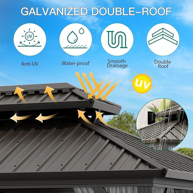 12 x 20 ft Hardtop Gazebo, Heavy Duty Galvanized Aluminum Frame Double Roof Outdoor Pavilion, Faux Wood Grain Metal Roof Gazebo with Netting & Privacy Curtains, Brown Patio Canopy Shelter for Backyard