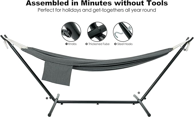 GAFETE Double Hammock with Stand for Outside, Upgraded Spreader Bar, Heavy Duty Space Saving Steel Stand 2 Person, Side Pocket, Easy Assembly, 600lbs Weight Capacity, Indoor & Outdoor (Dark Grey)