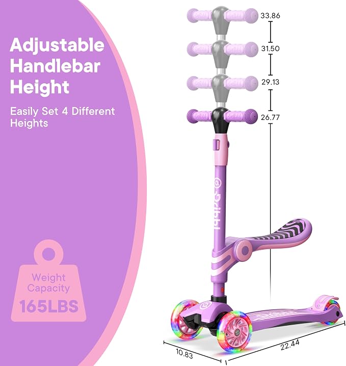 Purple 3 Wheel Scooter with Seat for Kids, Light-Up Wheels, Adjustable Lean to Steer Handlebar and Seat, Smooth Wheels, Wide No-Slip Deck, Rear Foot Brake, Toddler Outdoor Toys for Ages 2+