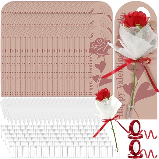 Eaasty 96 Set Valentine's Day Themed Single Rose Card Sleeve Gift Packaging Flower Holder with Floral Water Tubes Ribbon Floral Tissue Paper for Rose Packing