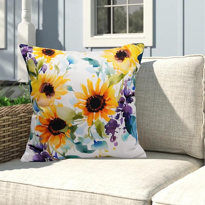 Pack of 2 Waterproof Outdoor Pillow Covers 18x18 Inch Spring Summer Sunflower Pillow Covers Decorative Square Patio Pillows Outdoor Pillows Covers for Patio Furniture Garden(No Pillow Insert)