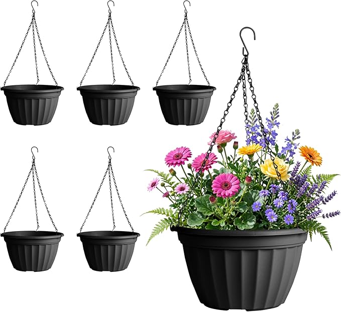 FGstyle 6 Pack Hanging Planters 8 Inch,Self Watering Pots for Indoor Plants,Plastic Hanging Basket with Soil Elevator and 20" Chain for Home Garden Porch Balcony Patio Decor(Black)
