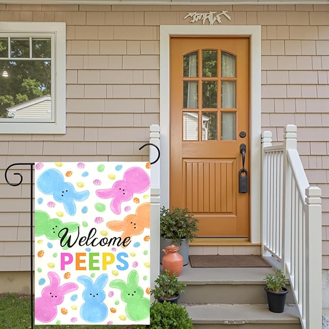 Welcome Peeps Easter Garden Flag for Outdoor Spring Cute Bunny Egg Pattern Double Sided Yard Banner Holiday Welcome Rabbit Flags Waterproof Seasonal Home Hare Decor for Porch Lawn 12x18 Inch