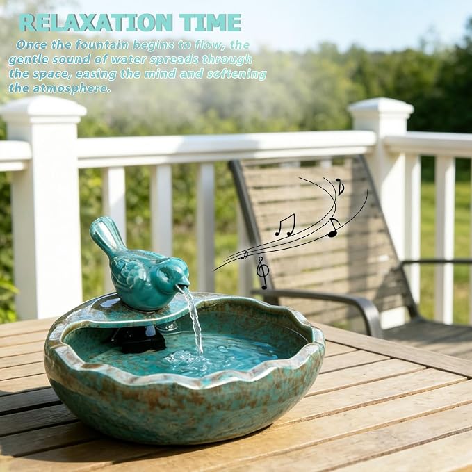 Ceramic Solar Fountain Bird Bath with Battery Backup,Bird Bath for Outside,Bird Bath Bowl for Garden, Patio & Yard Decor,Working at Night for at Least 6 Hours (Bird).
