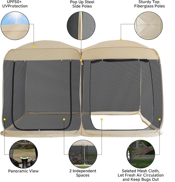 Alvantor Pop Up Screen House Tent, Instant Outdoor Gazebo with Mosquito Netting & UPF 50+ Sun Protection, Portable Canopy Shelter for Patio, Backyard, Camping (2-10 Person)