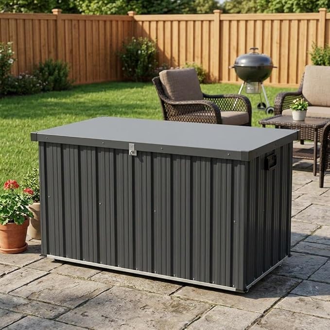 Metal Deck Box Waterproof 200 Gallon, Metal Outdoor Storage Box with Dual Gas Struts, Wheels and Handles, Large Capacity Galvanized Steel Patio Storage Bin for Cushions, Garden Tools, Pool, Porch