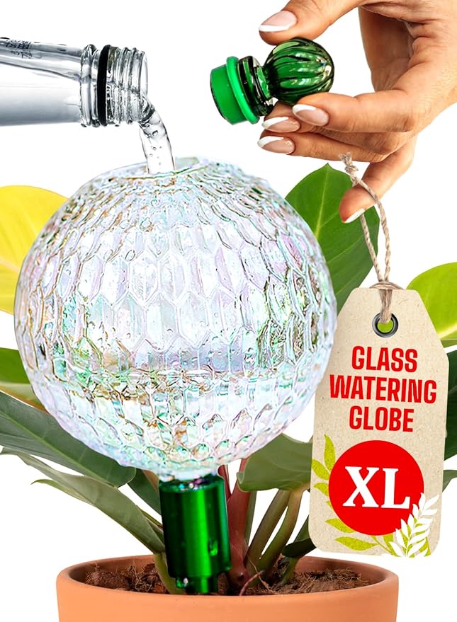16 Oz Plant Watering Globes for Indoor Plants with Metal Self Watering Planter Insert - Premium XL Glass Hand-Blown Globe - Automatic Plant Waterer Indoor, Gift Idea for Gardeners [1 Globe, Textured]