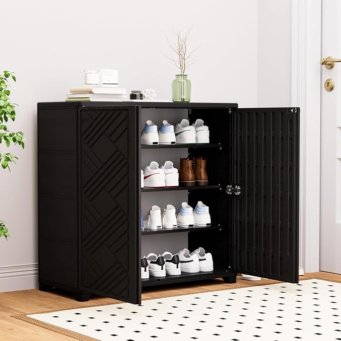 KINYING Outdoor Storage Cabinet Waterproof, 60 Gallon Resin Outdoor Storage Shed for Patio/Garden/Backyard, Outdoor Storage Box for Cushions,Garden Tools and Pool Supplies(Black W/O Shelving)