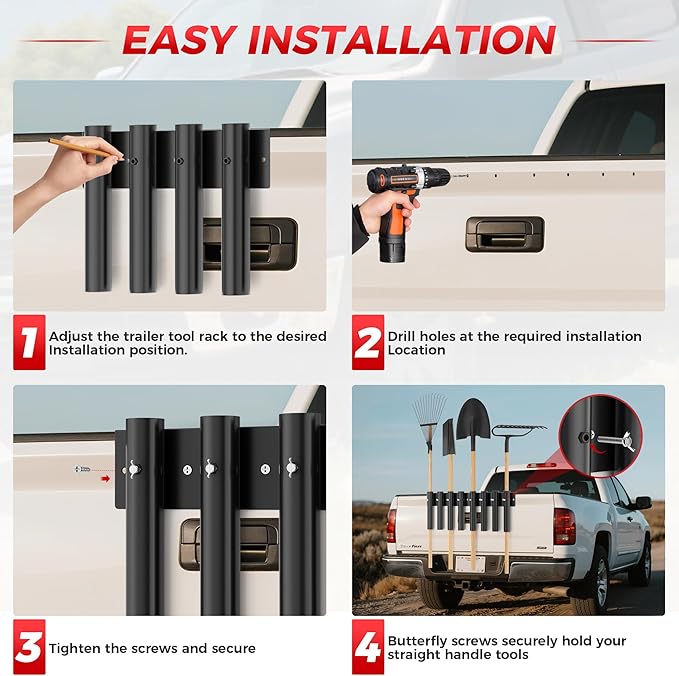Shovel Holder for Truck, 8-Holes in 2 Grouped Metal Truck Shovel Mount /Rack, Heavy Duty Trailer Tool Rack for Rakes, Hoes, Trimmers, Lawn & Landscape Hand Tools (Bed/Box Mount Upgrade)