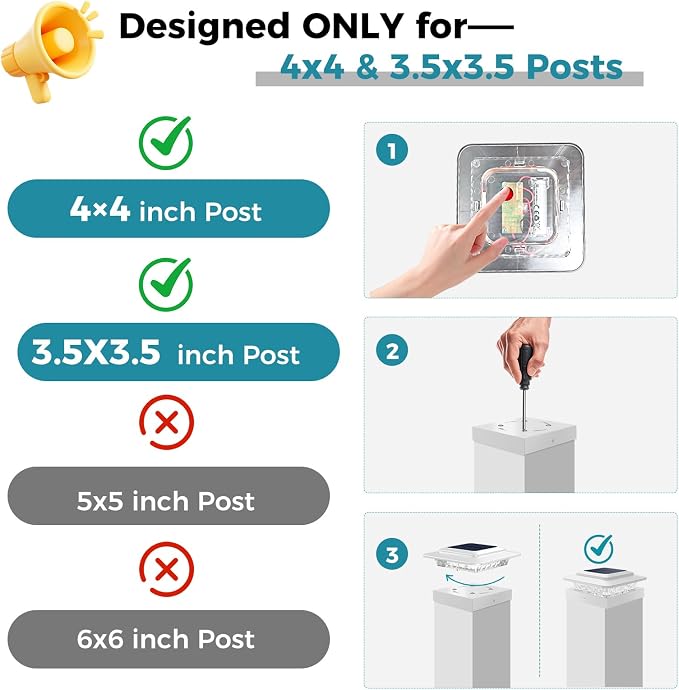 kolpop 4x4 Solar Post Cap Lights Outdoor 4Pack- 3 Color Temperatures&2 Level Brightness, IP65 Waterproof, 16 LED Fence Deck Post Light Solar Powered Only for 4×4/3.5×3.5 Wood/Vinyl Posts(White)